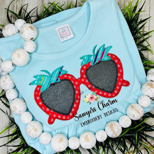 Strawberries zig zag summer sunglasses vintage/retro applique machine embroidery design file, sunnies, quick stitch, shades