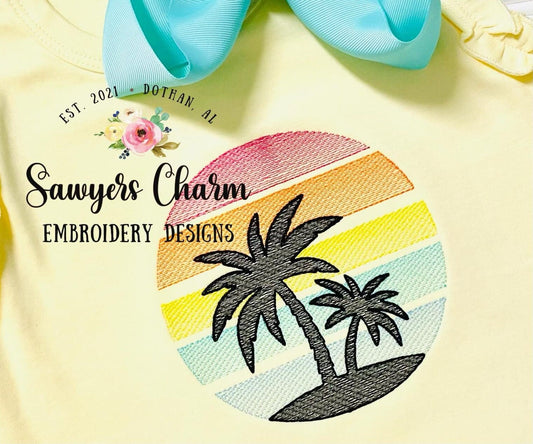 Beach Palm trees silhouette sketch machine embroidery design file, quick stitch, summer, nautical, perfect for girls and boys, vintage vibes