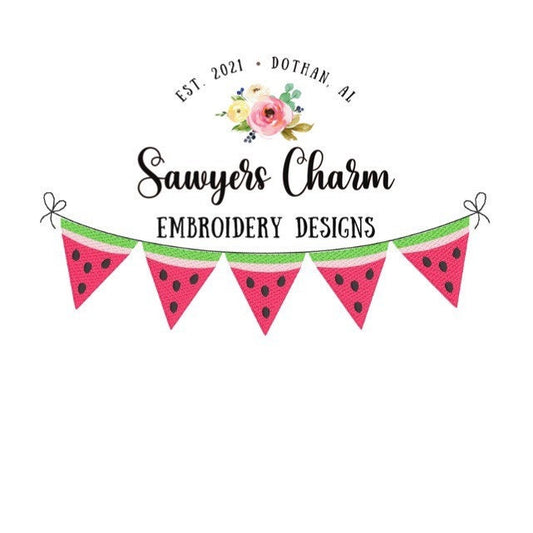 Watermelon sketch bunting banner machine embroidery design file, quick stitch, bean stitch with bows, summer