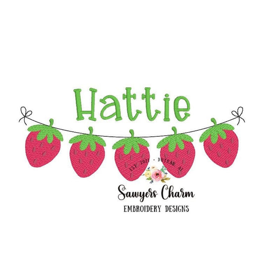 Strawberry sketch bunting banner machine embroidery design file, quick stitch, bean stitch with bows, summer, spring, fruit