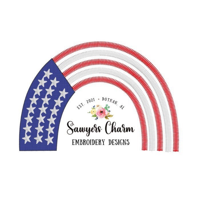Patriotic rainbow machine embroidery applique design file, quick stitch, bean and zig zag stitch, summer, stars and stripes, red white blue
