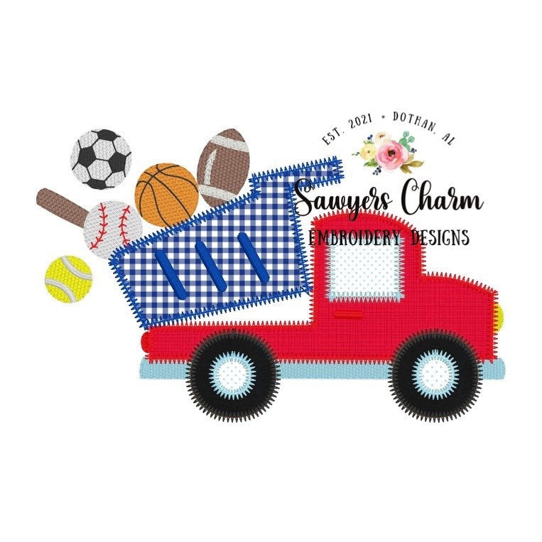 BUNDLE Sports dump truck zig zag machine applique design embroidery file, sketch stitch baseball/bat, football, soccer, tennis, basketball
