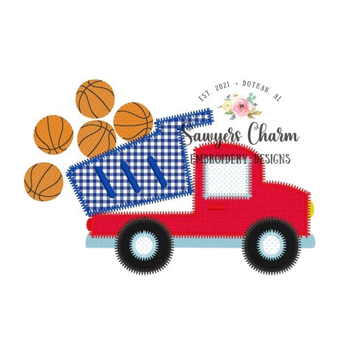 BUNDLE Sports dump truck zig zag machine applique design embroidery file, sketch stitch baseball/bat, football, soccer, tennis, basketball