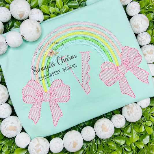 Boho rainbow zig zag with sketch stitch bows, vintage, bean stitch machine embroidery design file