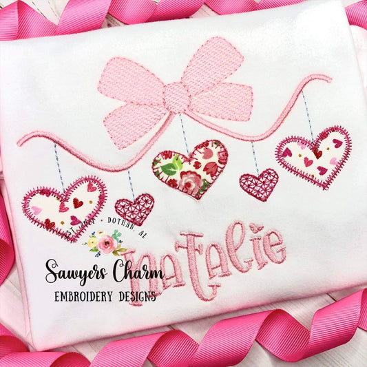 Valentine's Day bow with hearts machine applique embroidery design file, quick stitch, bean stitch, vintage stitch, sketch