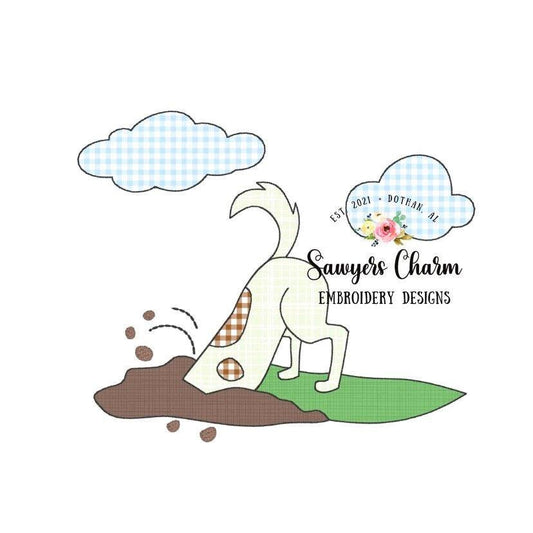 Puppy dog digging in dirt/grass with and without bow, bean stitch machine applique embroidery design file, flowers, quick stitch, summer