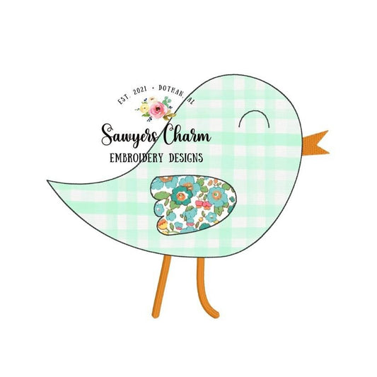 Bird bean stitch applique, machine embroidery design file, quick stitch, summer, spring, sweet little birdie, satin stitch legs