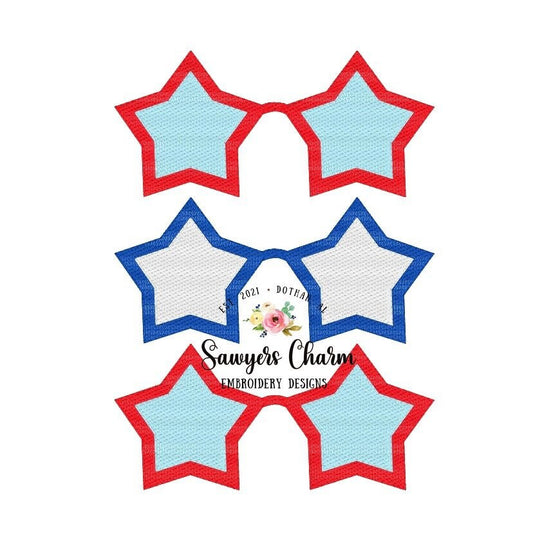 Patriotic star summer sunglasses trio sketch machine embroidery design file, sunnies, shades, vintage, red white blue, July 4th