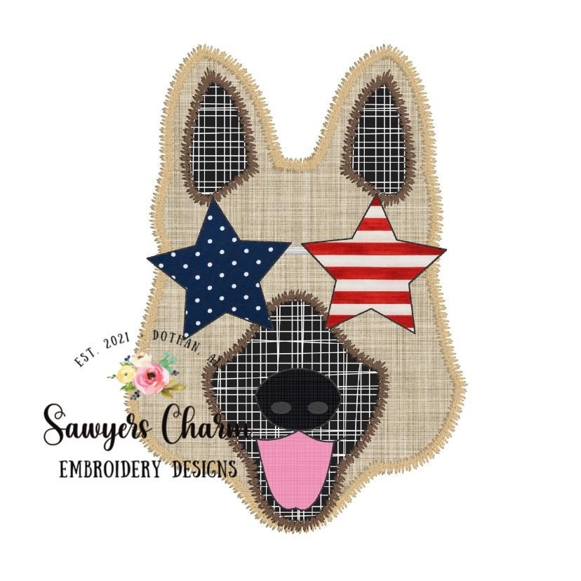 Patriotic German Shepherd with star sunglasses zigzag/bean stitch machine applique embroidery design file, quick stitch, summer, shades