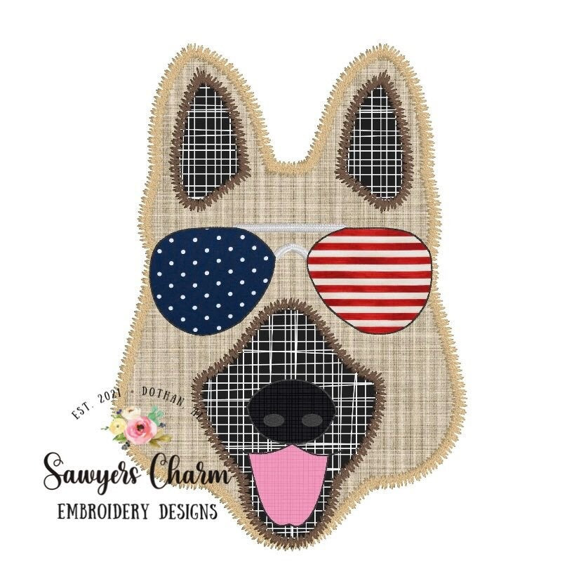 German Shepherd with aviator sunglasses zig zag/bean stitch machine applique embroidery design file, quick stitch, summer, shades, dog