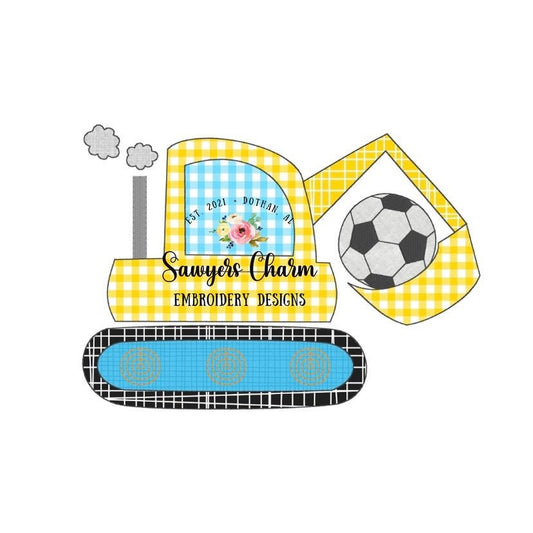Soccer ball Sports Excavator/digger bean stitch machine applique design embroidery file, construction vehicle hauler, soccer goal