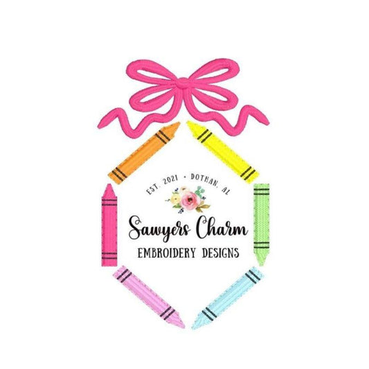 Mini fill crayons with bow monogram frame machine embroidery design file, quick stitch, perfect for monograms, satin, colors, back to school