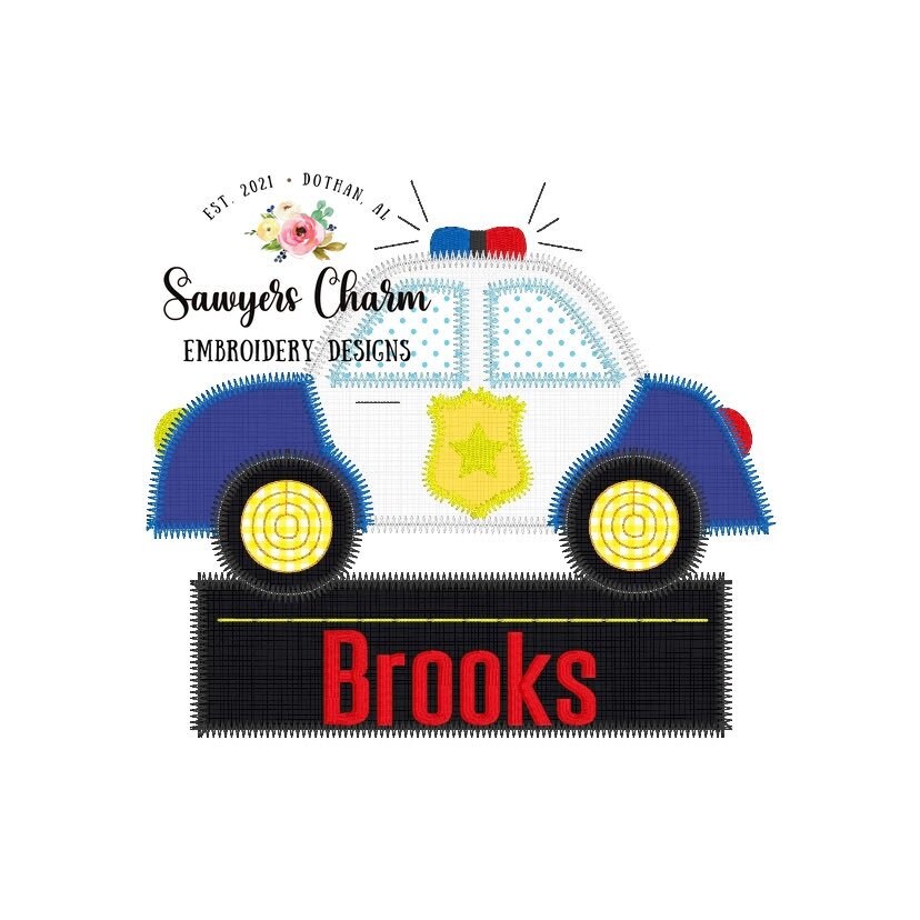 Police car with street/road name box zig zag stitch machine applique embroidery file, quick stitch, transportation, first responders, cop