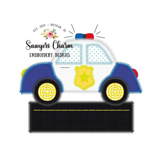 Police car with street/road name box zig zag stitch machine applique embroidery file, quick stitch, transportation, first responders, cop