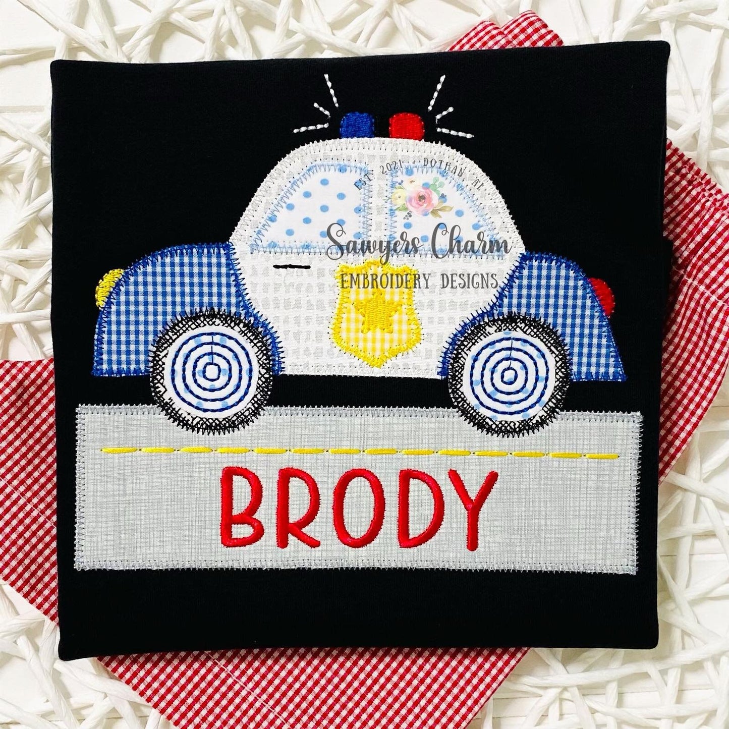 Police car with street/road name box zig zag stitch machine applique embroidery file, quick stitch, transportation, first responders, cop