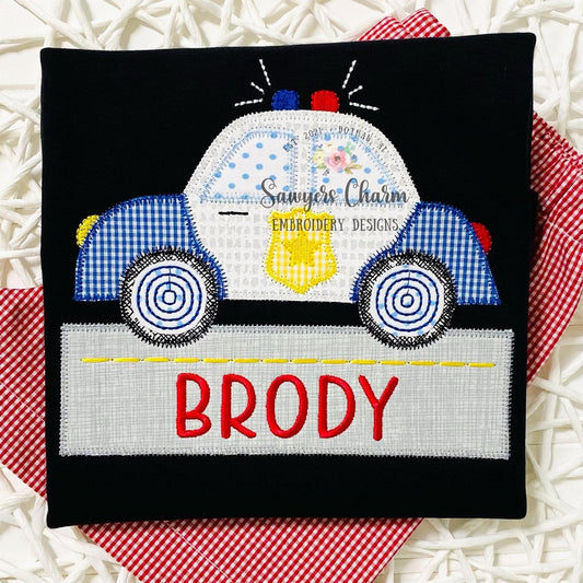 Police car with street/road name box zig zag stitch machine applique embroidery file, quick stitch, transportation, first responders, cop