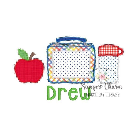 Lunchbox trio with apple and thermos zig zag machine embroidery design file, quick stitch, perfect for monograms or names, back to school