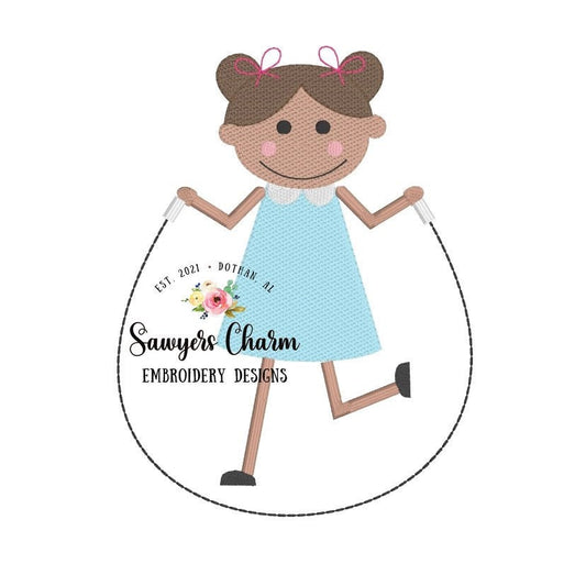 One girl jumping rope sketch stitch, machine embroidery design file, quick stitch, skipping rope, back to school, summer, pigtails, bow, bun