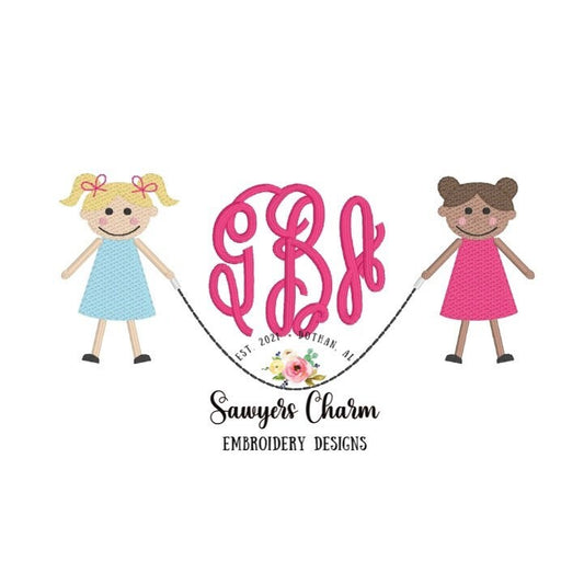 Two Girls jumping rope sketch stitch, machine embroidery design file, quick stitch, skipping rope, back to school, summer, pigtails, bow