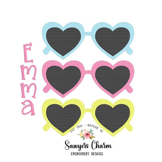 Retro heart summer sunglasses trio sketch machine embroidery design file, sunnies, shades, vintage, quick stitch
