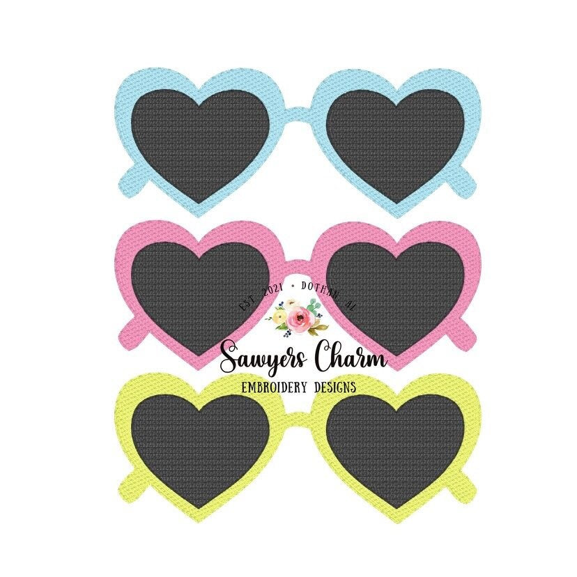 Retro heart summer sunglasses trio sketch machine embroidery design file, sunnies, shades, vintage, quick stitch