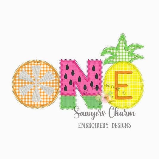 One fruit birthday pineapple watermelon citrus fruit zig zag applique, machine embroidery design file, summer, fruity, first birthday