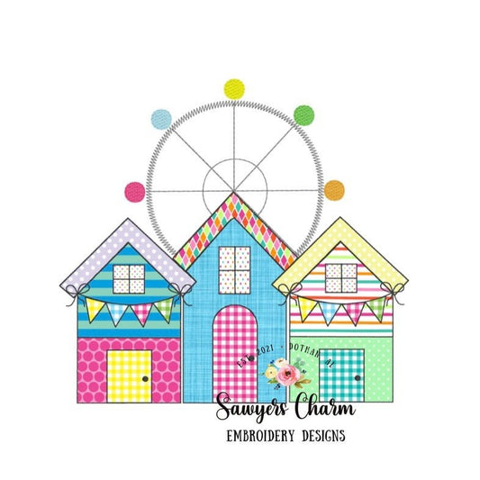 County fair, colorful cabins, ferris wheel, machine applique embroidery design file, bean stitch, rides, festival, quick stitch, sketch