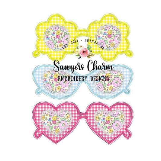 Retro summer sunglasses trio zig zag applique, machine embroidery design file, sunnies, shades, vintage, quick stitch, beach, flowers