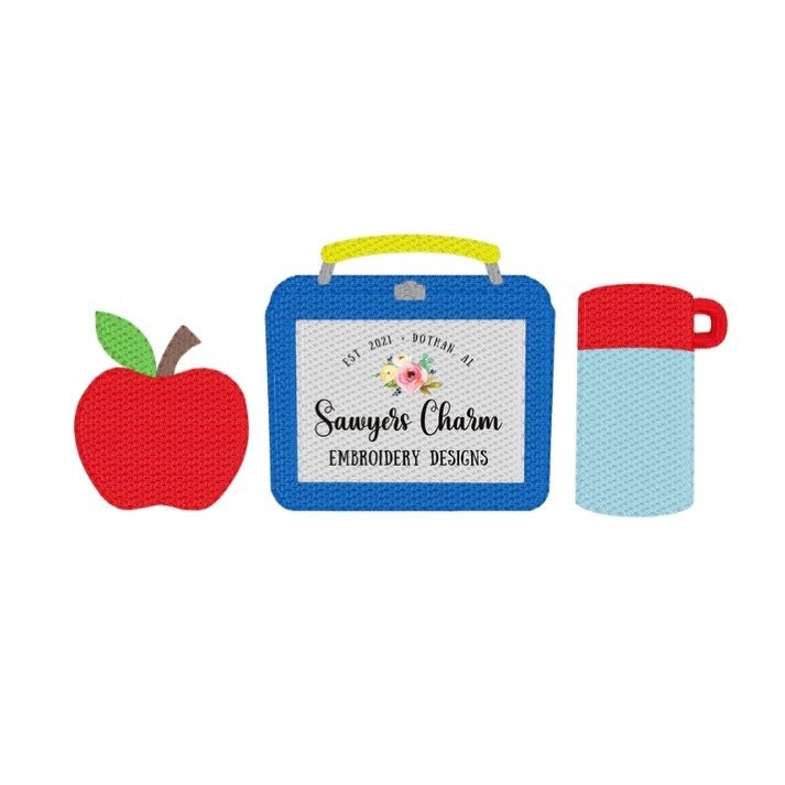 BUNDLE Lunchbox trio with apple/thermos sketch stitch machine embroidery design file, quick stitch, back to school, with and without bow