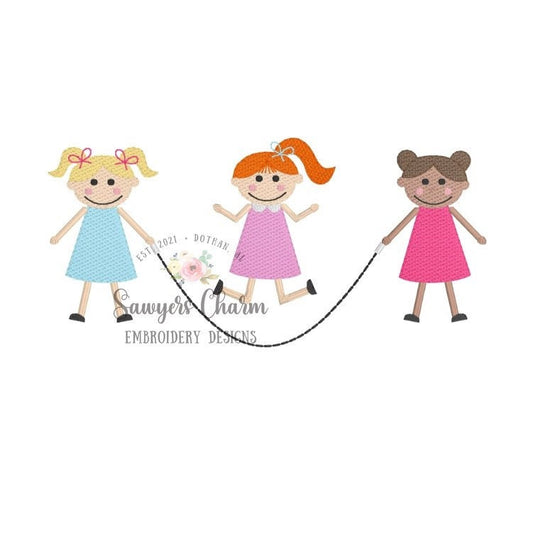 Three Girls jumping rope sketch stitch, machine embroidery design file, quick stitch, skipping rope, back to school, summer, pigtails, bow