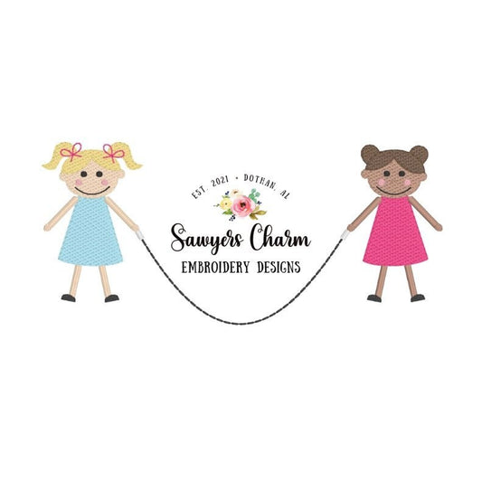 Two Girls jumping rope sketch stitch, machine embroidery design file, quick stitch, skipping rope, back to school, summer, pigtails, bow