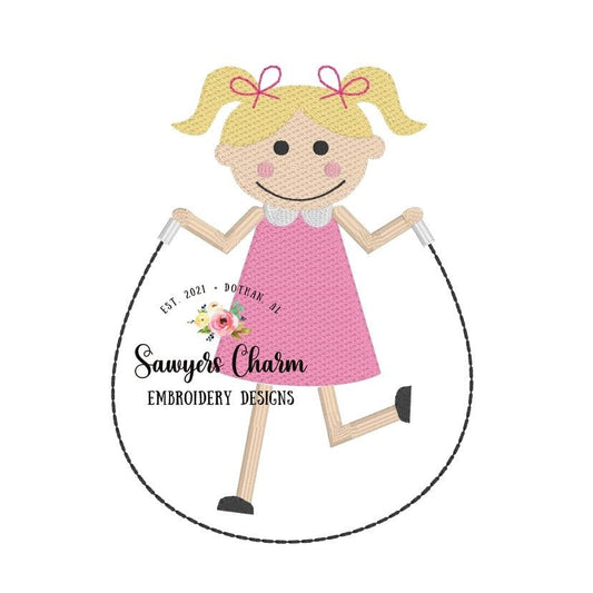 One girl jumping rope sketch stitch, machine embroidery design file, quick stitch, skipping rope, back to school, summer, pigtails, bow