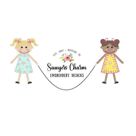 Two Girls jumping rope blanket stitch & sketch stitch details, machine embroidery design file, quick stitch, skipping rope, back to school