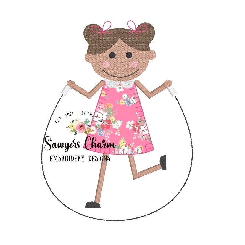 One girl jumping rope blanket stitch & sketch stitch details, machine embroidery design file, skipping rope, back to school, pigtails, bun