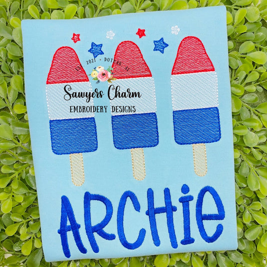 Patriotic rocket pop trio sketch machine embroidery design file, bean stitch, stars stripes, red white blue July 4th, popsicle ice cream