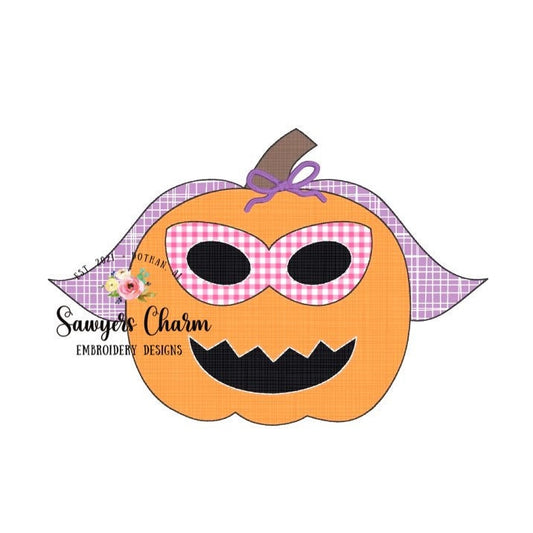 Superhero jackolantern pumpkin, bean stitch & zig zag applique embroidery design file, quick stitch, fall halloween, bow, cape, girl and boy