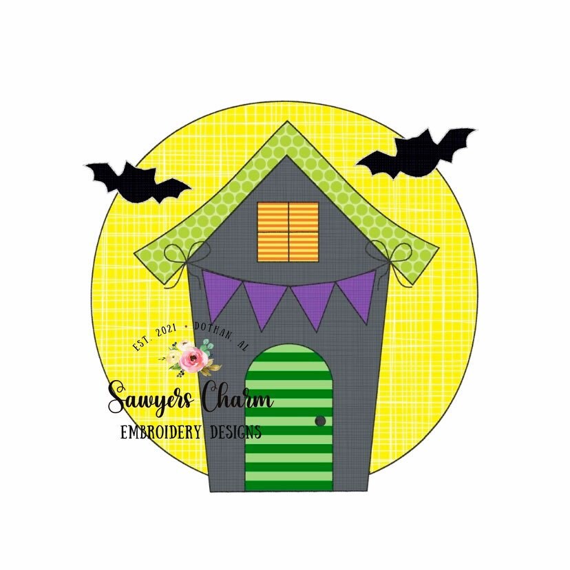 BUNDLE Haunted house with banner & jackolantern pumpkin, bean stitch applique embroidery design file, quick stitch, fall halloween bats moon