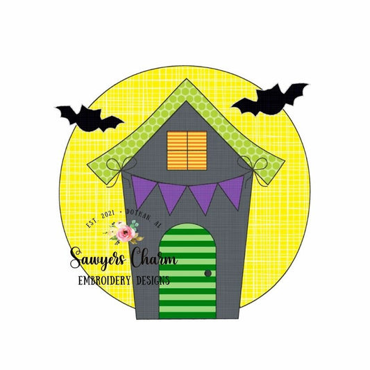 BUNDLE Haunted house with banner & jackolantern pumpkin, bean stitch applique embroidery design file, quick stitch, fall halloween bats moon