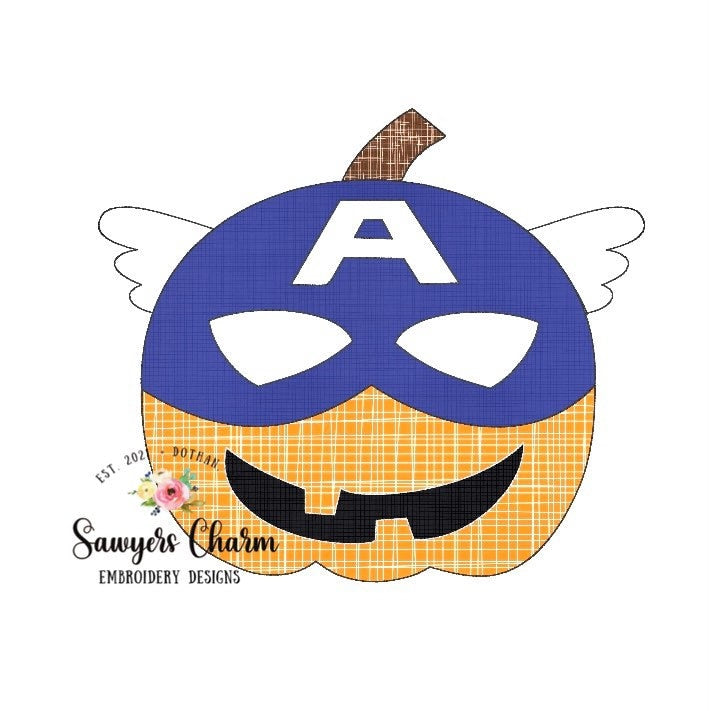 American Superhero jackolantern pumpkin, bean stitch applique, embroidery design file, fall halloween, quick stitch, captain, crime fighter