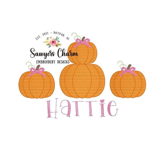 BUNDLE Stacked pumpkins trio sketch stitch embroidery design file, fall, halloween, with & without bows, fall leaves, pumpkin patch