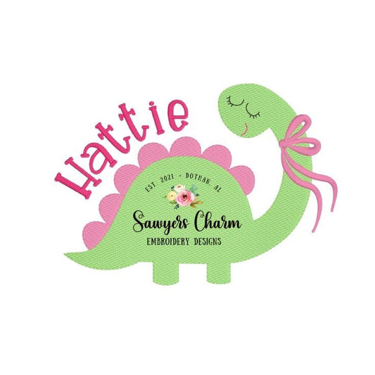 Sweet dinosaur with bow sketch stitch machine embroidery design file, dino, bean stitch details, satin stitch bow, girly, quick stitch