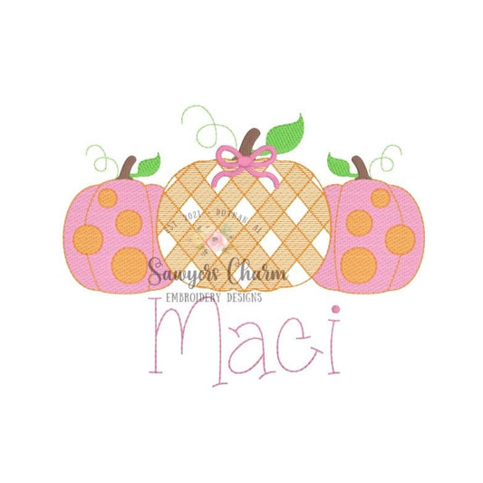 Gingham polka dot pumpkins trio with bow, sketch stitch embroidery design file, fall, halloween, fall leaves, pumpkin patch, quick stitch