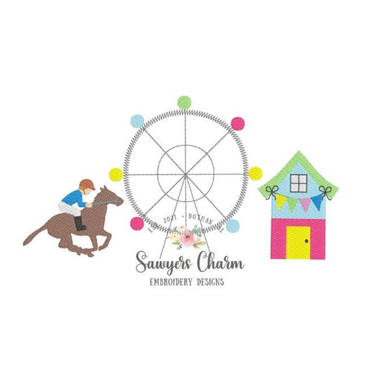 County fair, colorful cabin with banner, ferris wheel, race horse jockey sketch machine embroidery design file, festival, trio, quick stitch