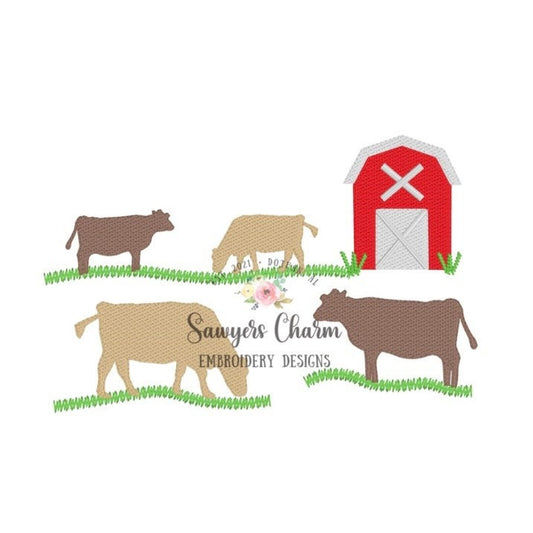 Several Cows in field, farm, barn sketch machine embroidery design file, quick stitch, bean stitch, animals, farmer