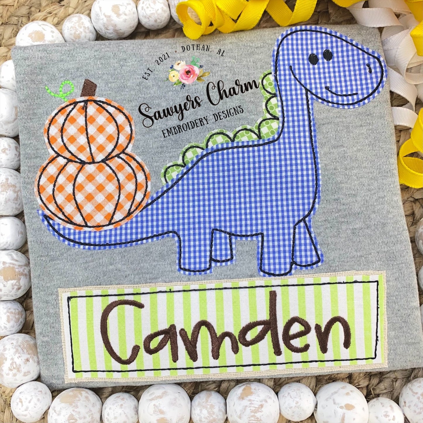 BUNDLE Stacked pumpkins dinosaur with and without bow, bean stitch applique & sketch stitch embroidery design file, dino, fall halloween