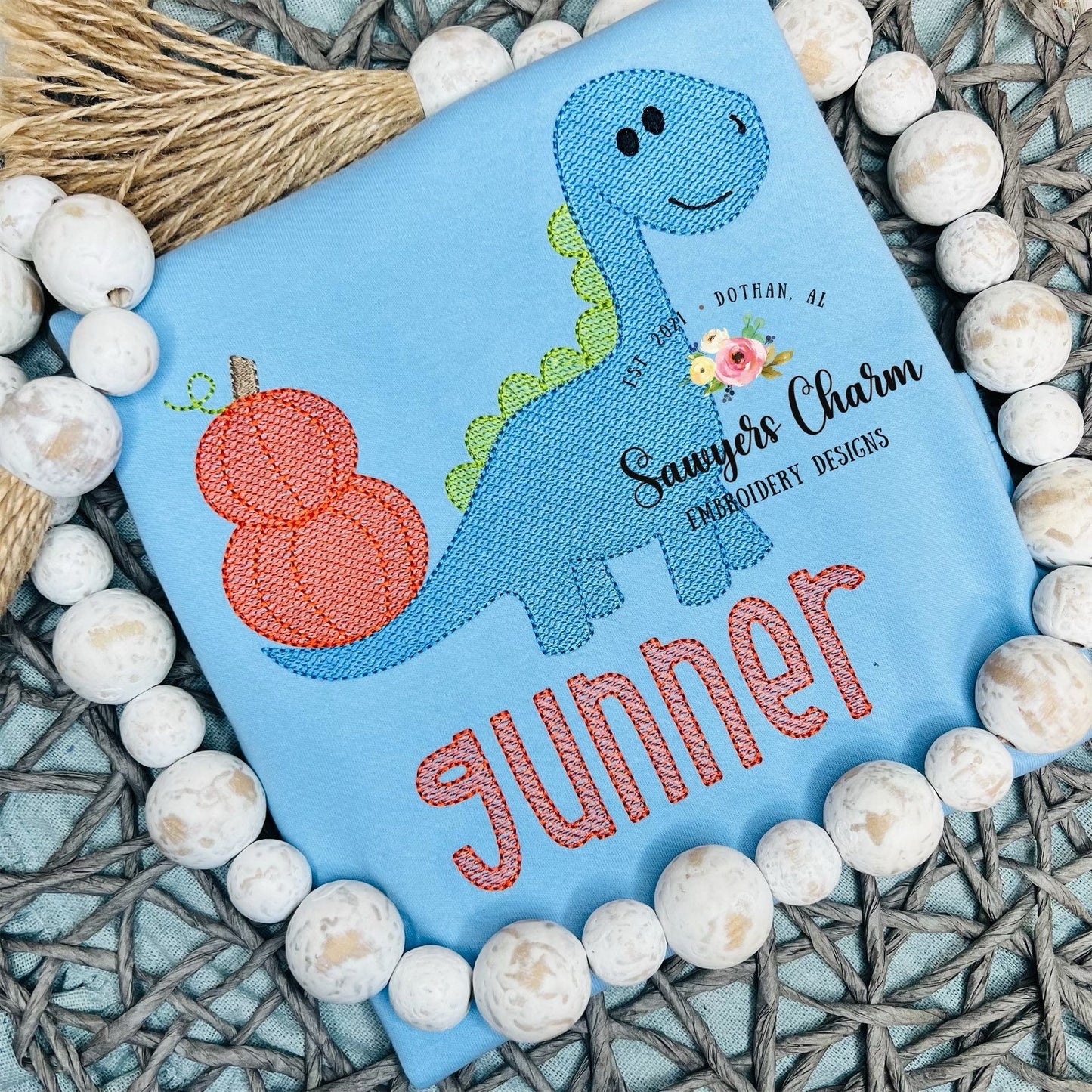 BUNDLE Stacked pumpkins dinosaur with and without bow, bean stitch applique & sketch stitch embroidery design file, dino, fall halloween