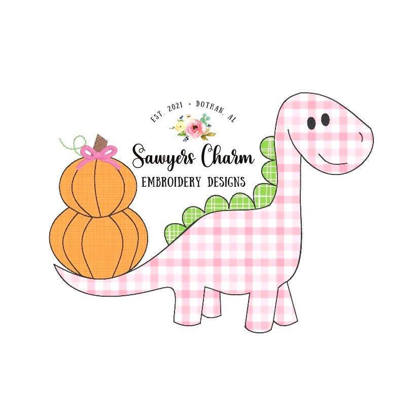 BUNDLE Stacked pumpkins dinosaur with and without bow, bean stitch applique & sketch stitch embroidery design file, dino, fall halloween