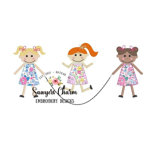 Three Girls jumping rope blanket stitch & sketch details, machine embroidery design file, quick stitch, skipping rope, back to school, bow