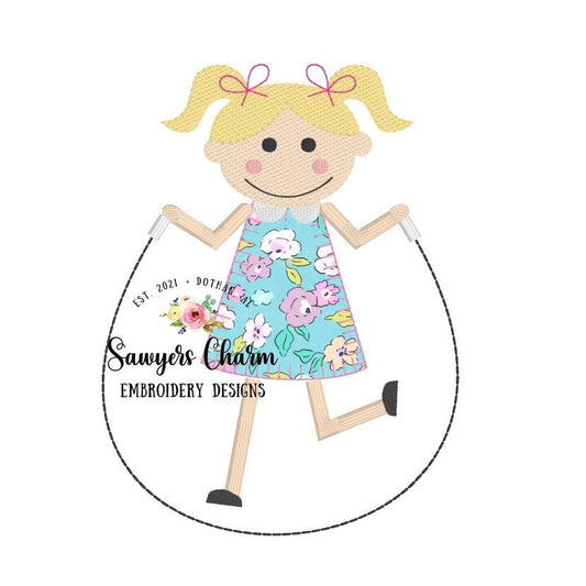 One girl jumping rope blanket stitch & sketch stitch details, machine embroidery design file, skipping rope, back to school, pigtails, bow