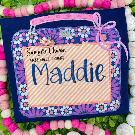BUNDLE Lunchbox with and without bow zig zag machine embroidery design file, quick stitch, perfect for monograms or names, back to school